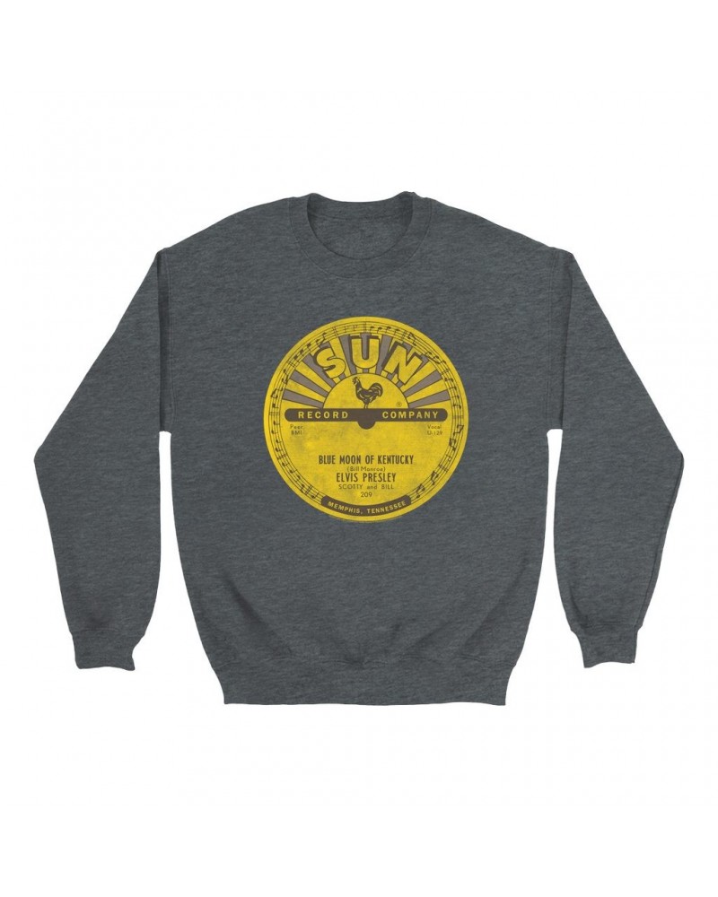 Elvis Presley Sweatshirt | Blue Moon Of Kentucky Record Label Distressed Sweatshirt $15.73 Sweatshirts