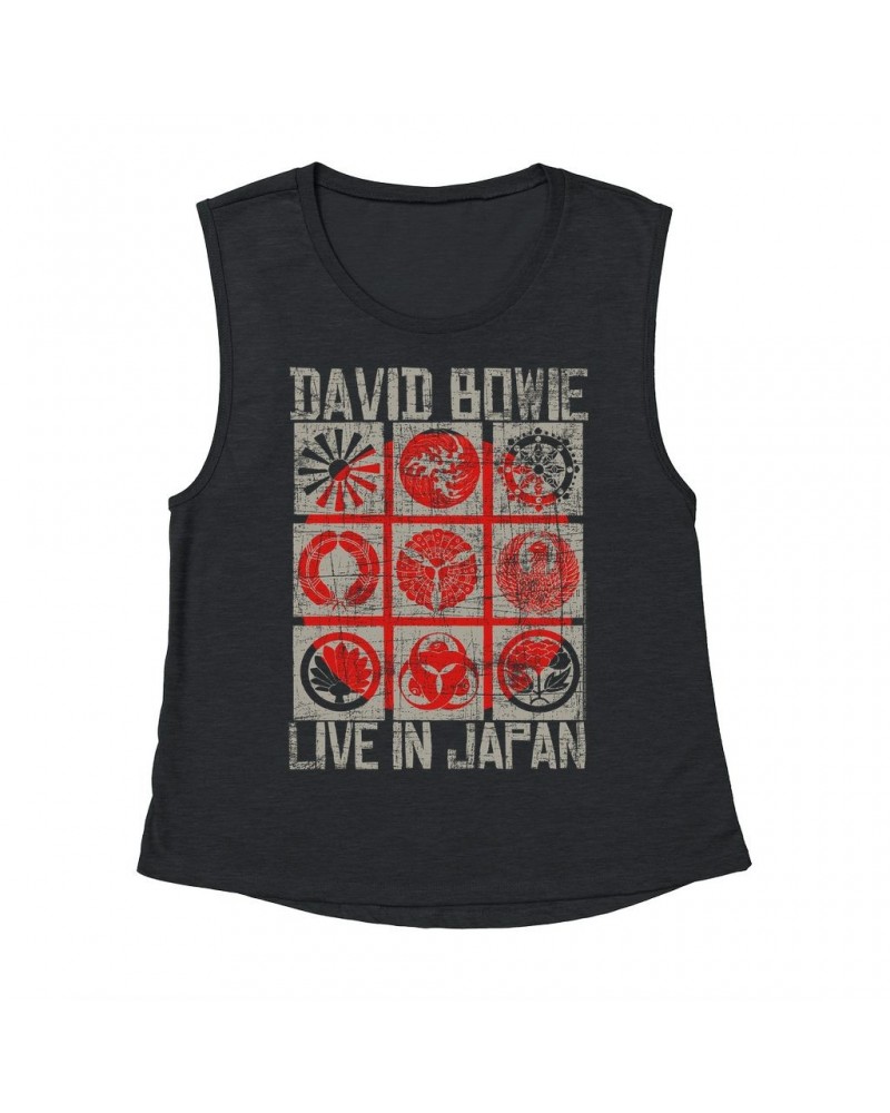 David Bowie Ladies' Muscle Tank Top | Reverse Live In Japan Design Distressed Shirt $10.87 Shirts