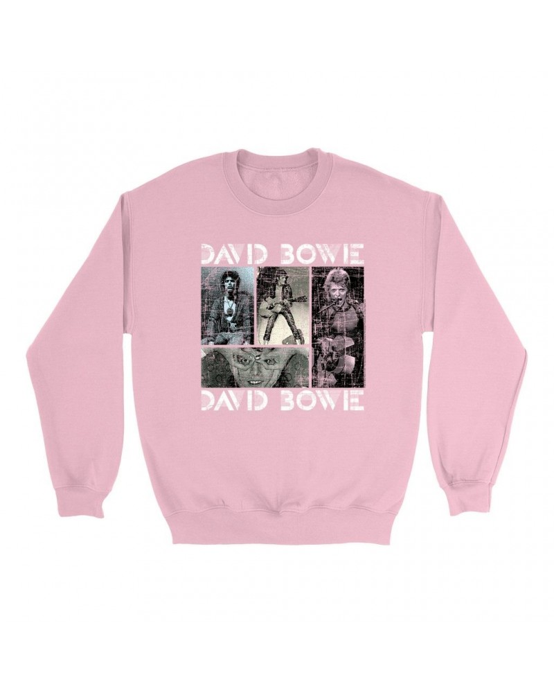 David Bowie Bright Colored Sweatshirt | Pastel Bowie Photo Collage Distressed Sweatshirt $11.53 Sweatshirts