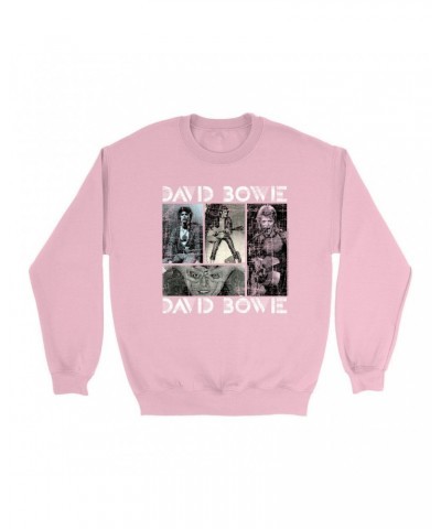 David Bowie Bright Colored Sweatshirt | Pastel Bowie Photo Collage Distressed Sweatshirt $11.53 Sweatshirts